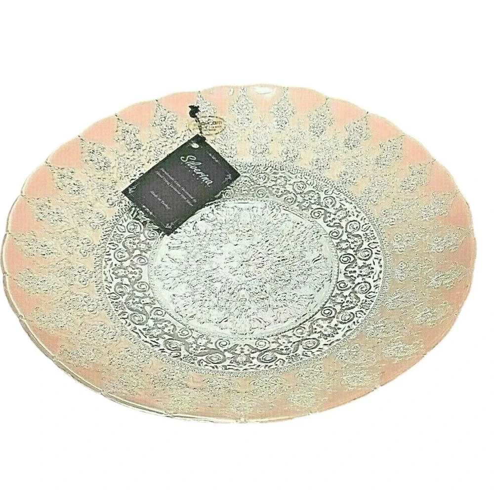 Silverina Istanbul Pink Glass Platter Genuine 99% Silver Turkish Handmade 13